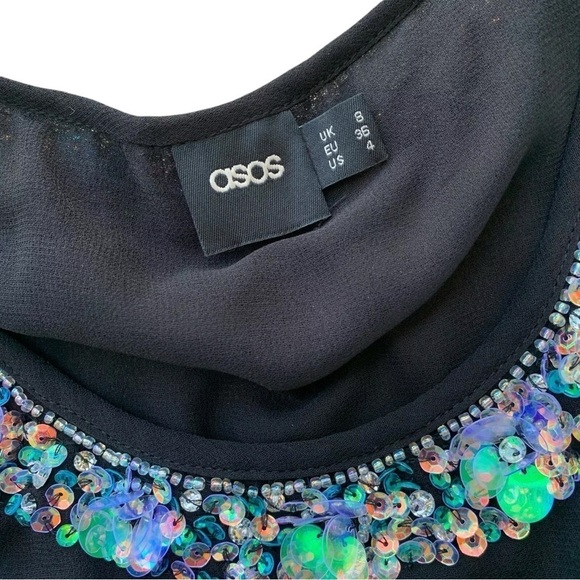 ASOS Iridescent Sequined Beaded Cocktail Mini Dress Black Size US 4 UK 8 - Picture 4 of 6